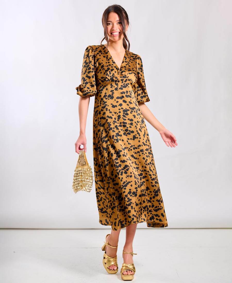 Commercial Kitchen Needs - Brown Leopard Satin Midi Dress |