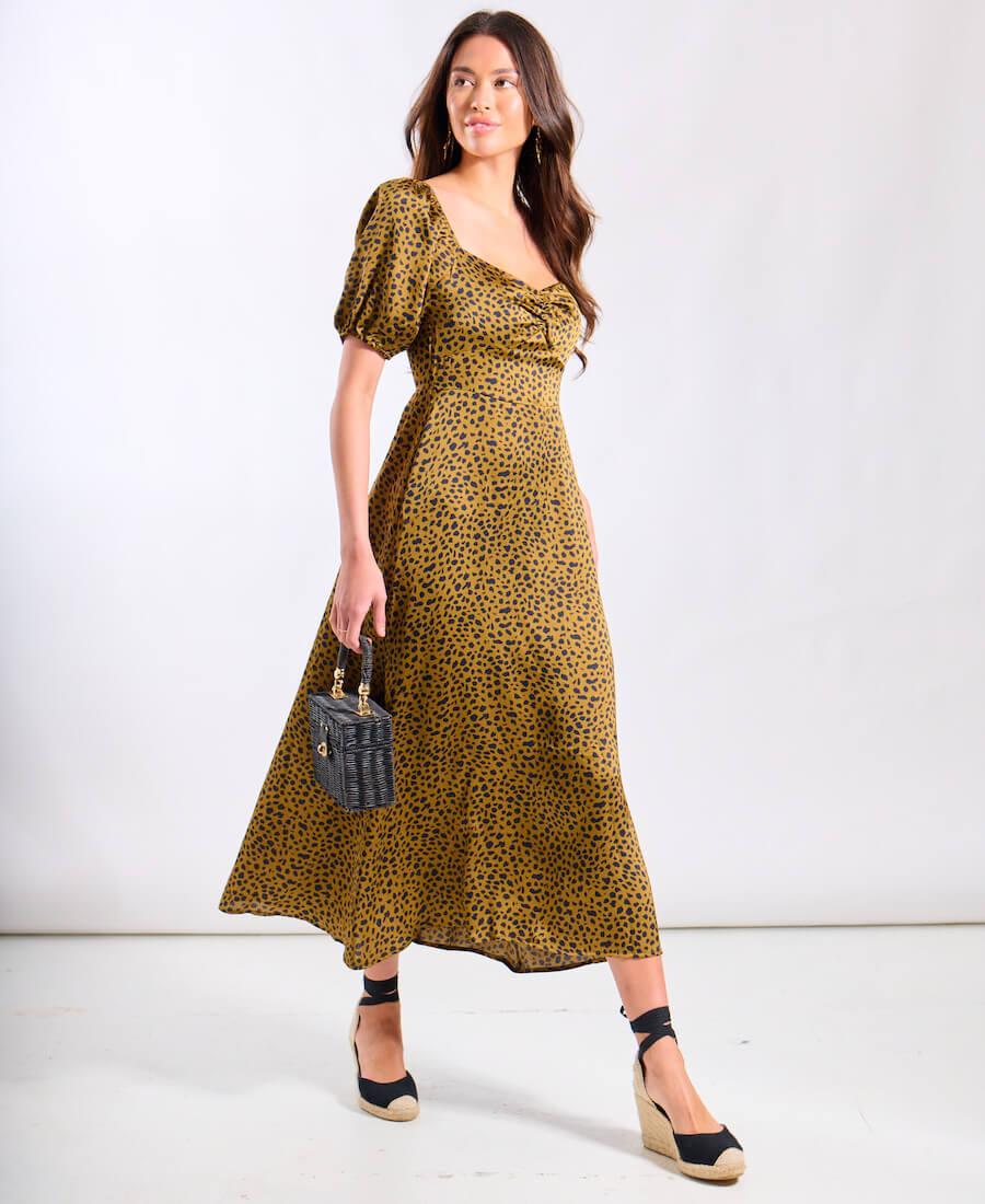 Commercial Kitchen Needs - Brown Animal Satin Sweetheart Neck Midi