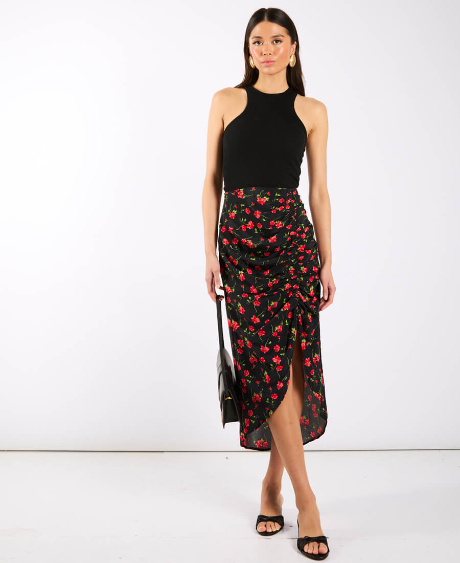 Commercial Kitchen Needs - Black Floral Ruche Side Midi Skirt