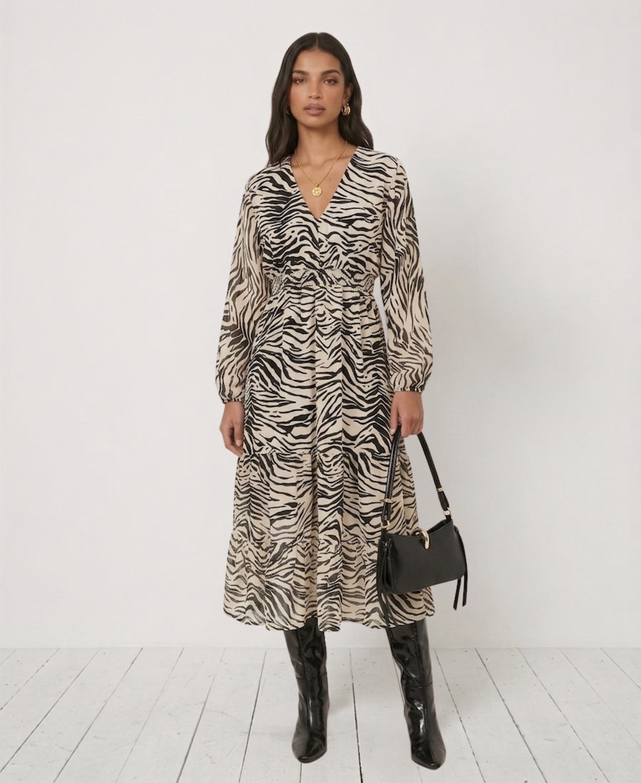Commercial Kitchen Needs - Mono Animal Tiered Chiffon Midi Dress