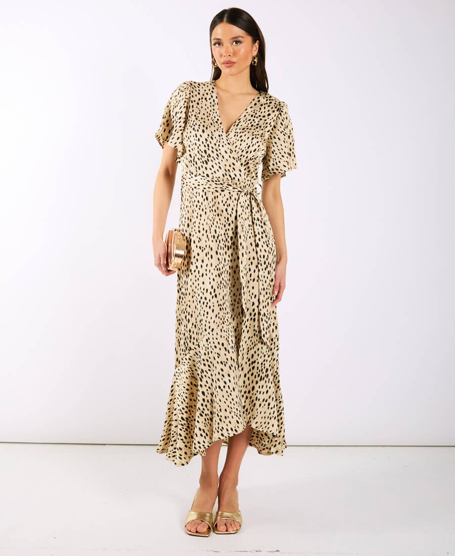 Commercial Kitchen Needs - Cream Animal Printed Satin Wrap Midi