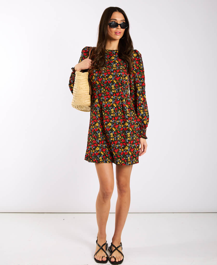 Commercial Kitchen Needs - Red Floral Long Sleeve Mini Dress