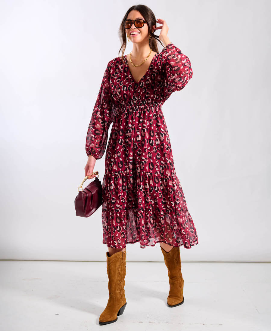 Commercial Kitchen Needs - Red Leopard Tiered Chiffon Midi Dress