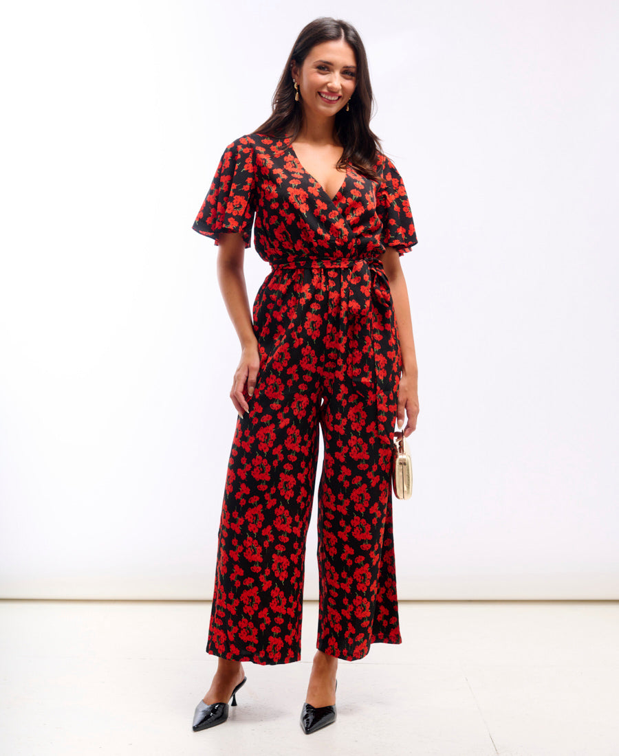 Commercial Kitchen Needs - Red Floral Flutter Sleeve Jumpsuit |
