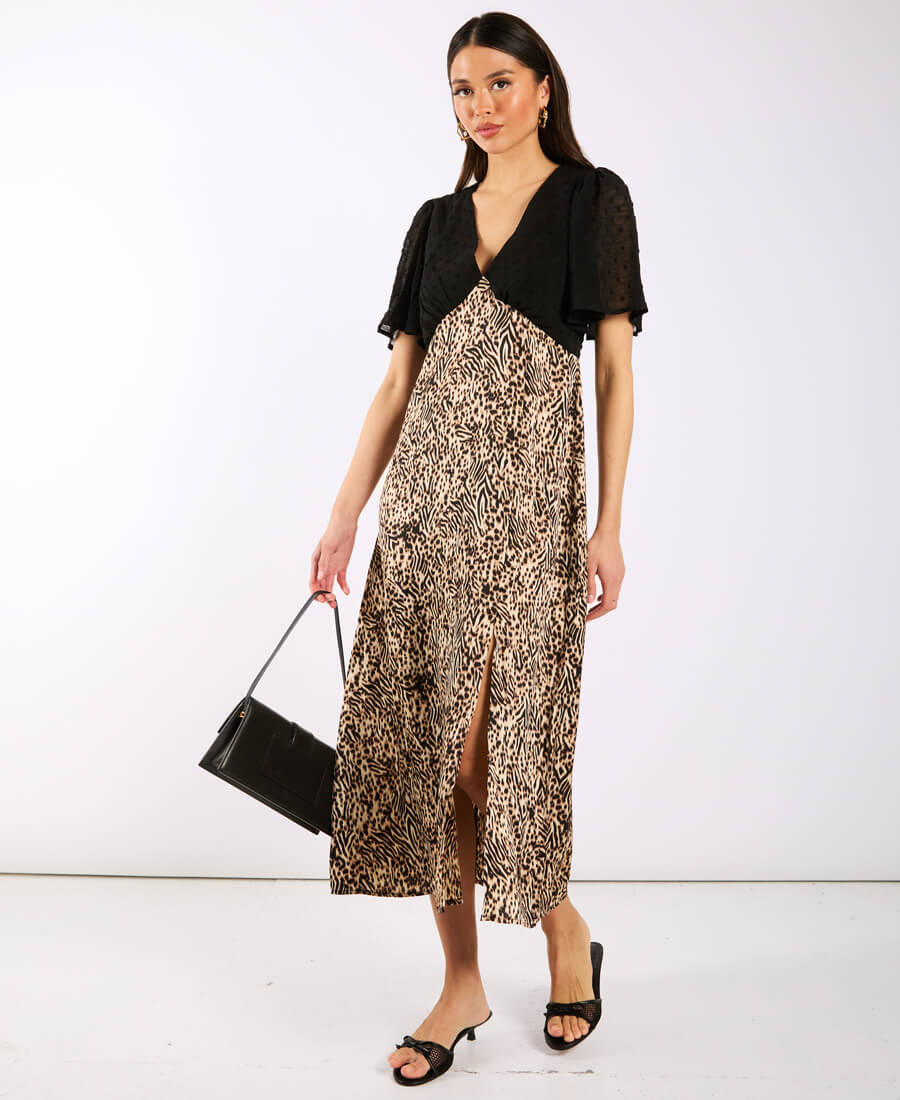 Commercial Kitchen Needs - Animal Satin Mix Flutter Sleeve Midi