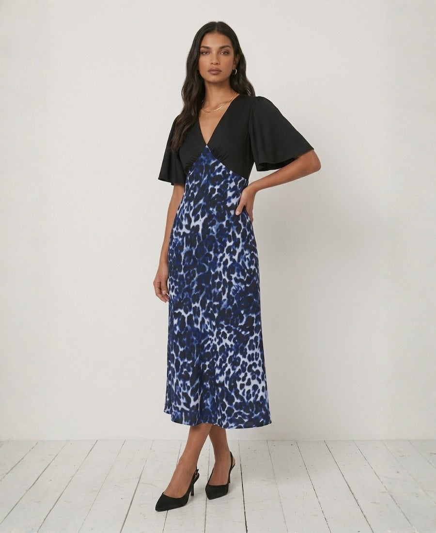 Commercial Kitchen Needs - Blue Leopard Printed Satin Midi Dress