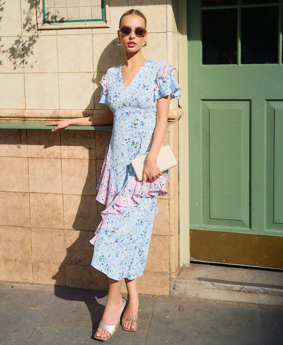 Commercial Kitchen Needs - Blue Ditsy Floral Ruffle Midi Dress