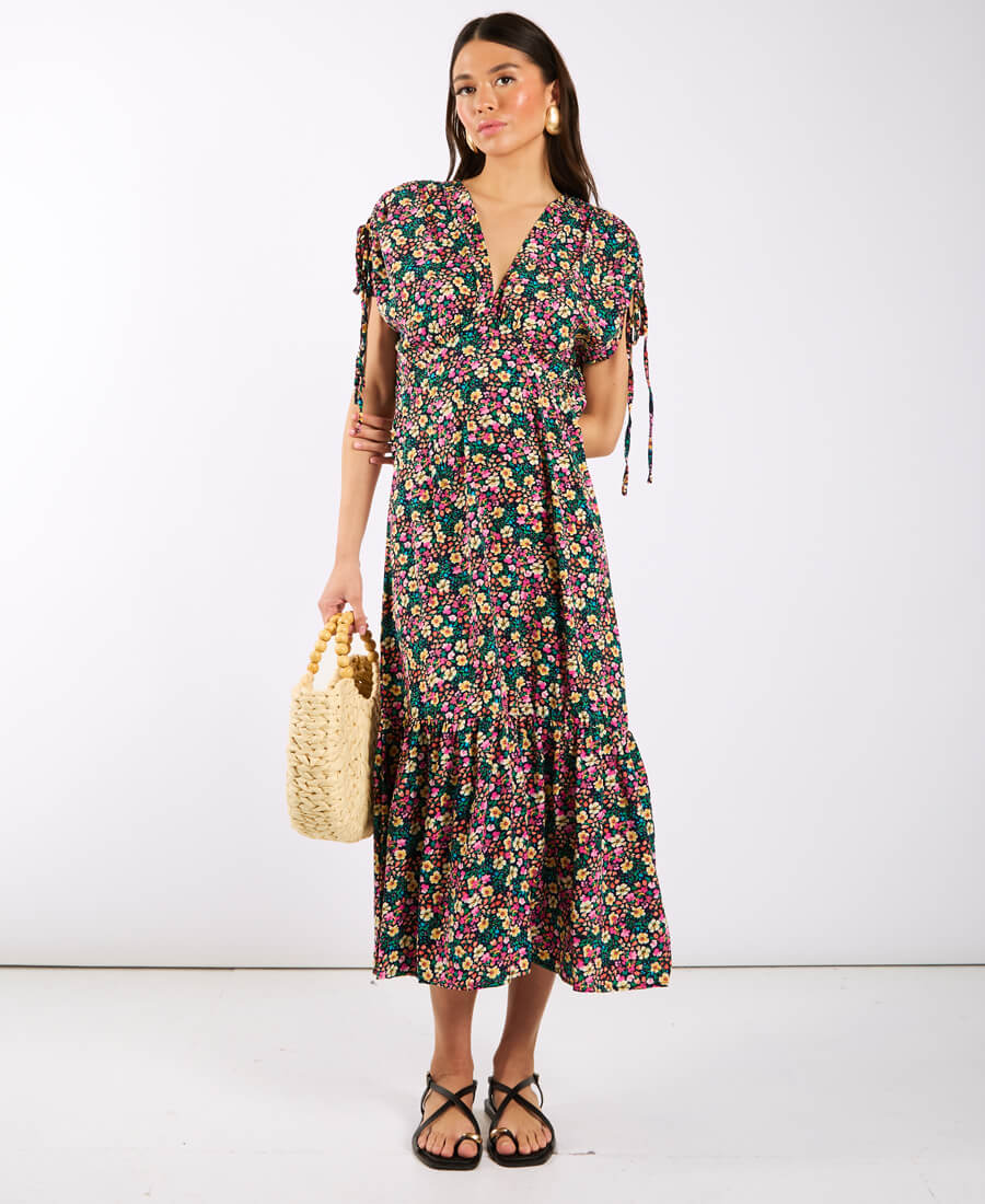 Commercial Kitchen Needs - Multicoloured Floral Gathered Sleeve Midi Dress