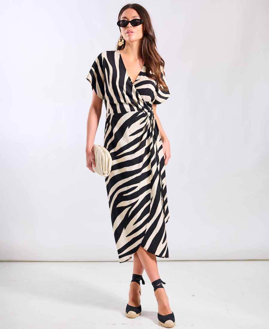 Commercial Kitchen Needs - Cream Animal Viscose Wrap Midi Dress