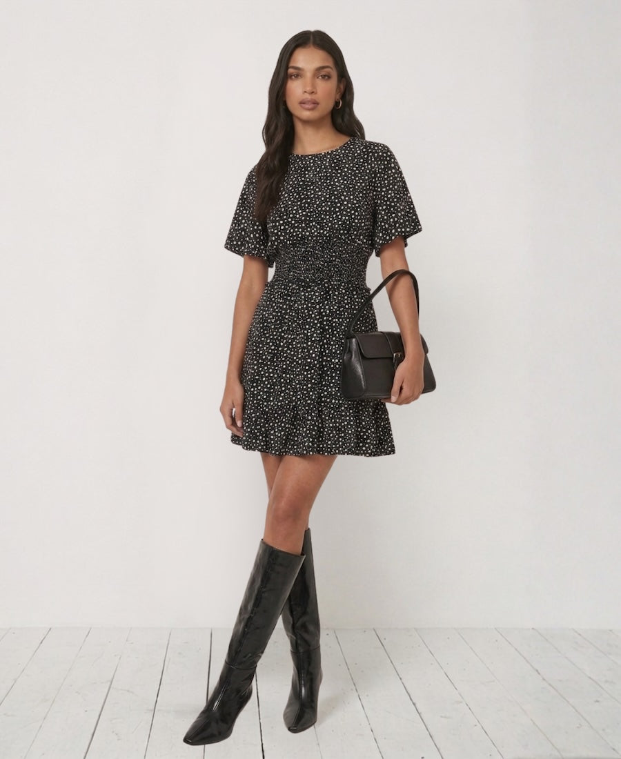 Commercial Kitchen Needs - Mono Heart Shirred Waist Mini Dress