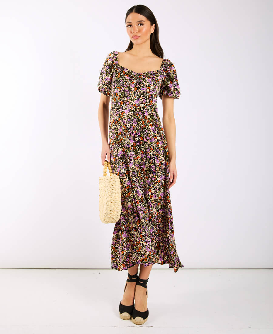Commercial Kitchen Needs - Purple Floral Sweetheart Neck Midi Dress