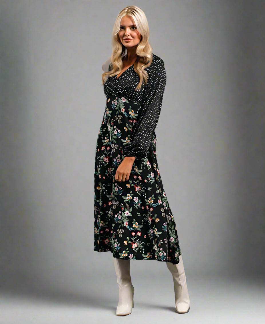 Commercial Kitchen Needs - Black Floral Long Sleeve Midi Dress