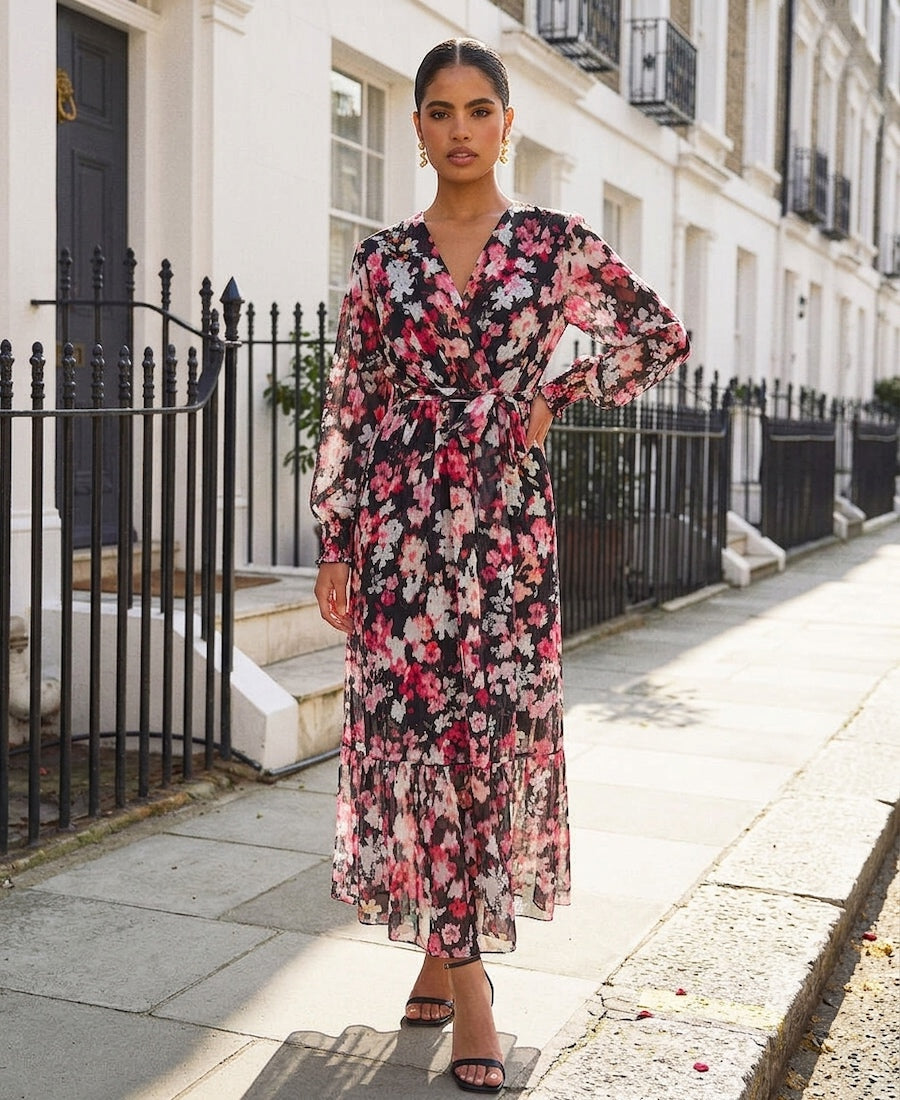 Commercial Kitchen Needs - Black Floral Chiffon Maxi Dress |
